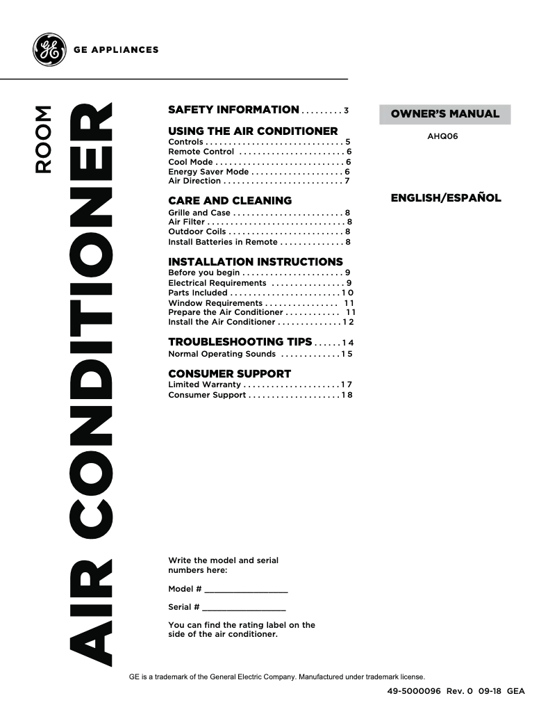 Page 1 de la notice Manuel d'utilisation et d'entretien GE AHQ06LYC