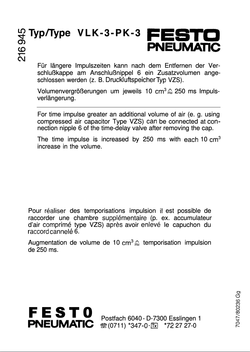 Page 1 de la notice Manuel utilisateur Festo VLK-3-PK-3