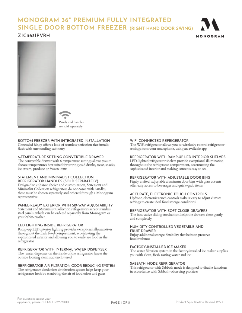 Page n°1 - Fiche technique Monogram ZIC363IPVRH