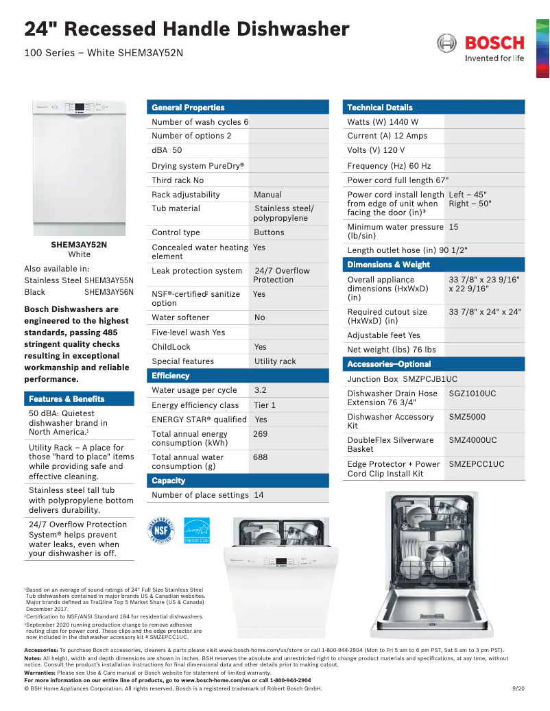 Page n°1 - Fiche technique Bosch SHEM3AY52N