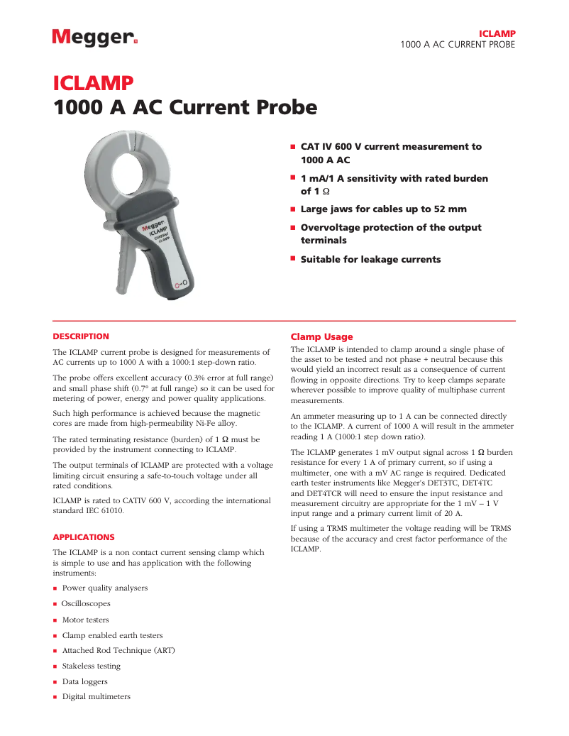 Page 1 de la notice Fiche technique Megger ICLAMP