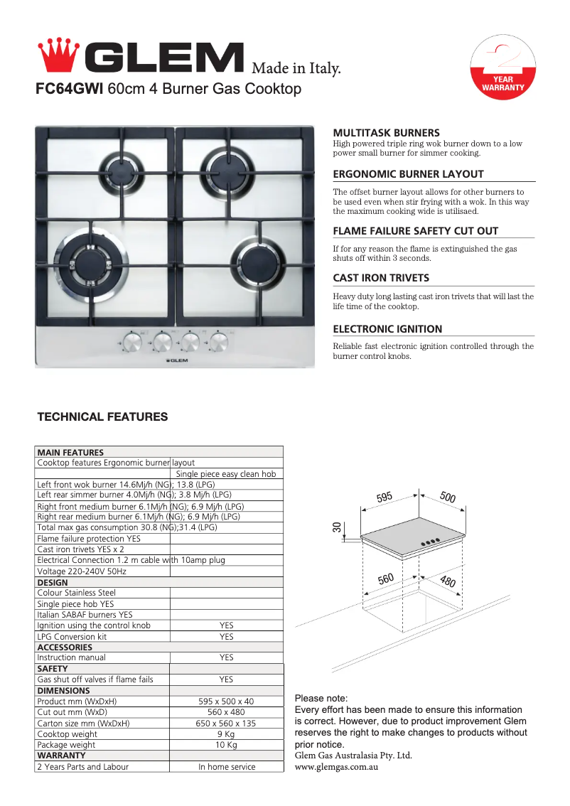 Page n°1 - Fiche technique Glem Gas FC64GWI
