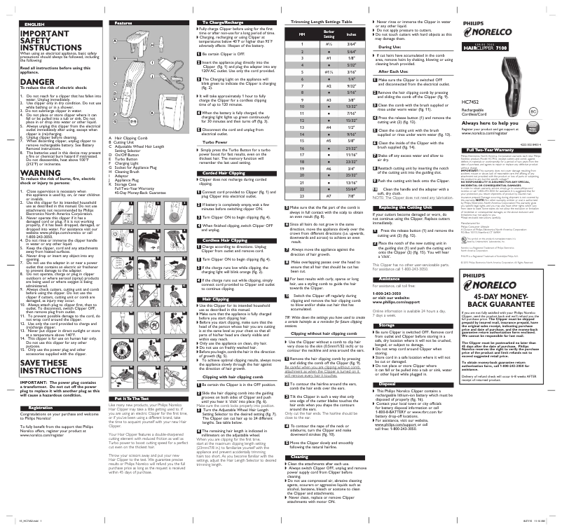 Page 1 de la notice Manuel utilisateur Philips HC7452