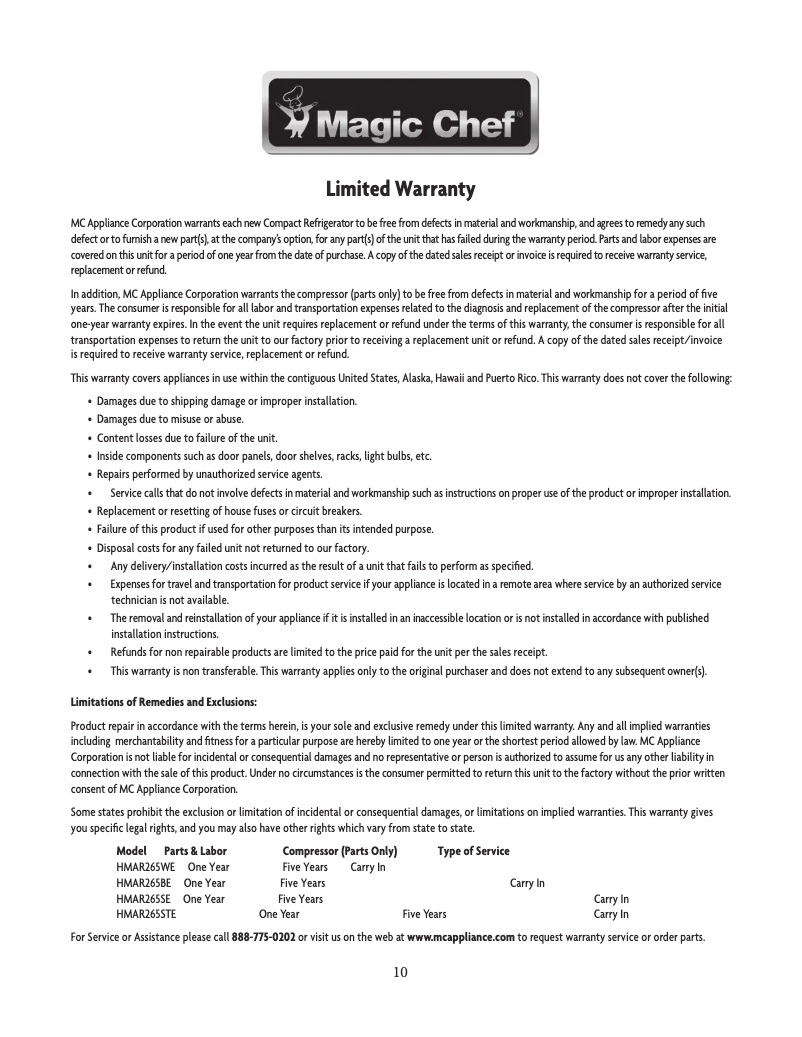 Page 1 de la notice Informations de garantie Magic Chef HMAR265SE