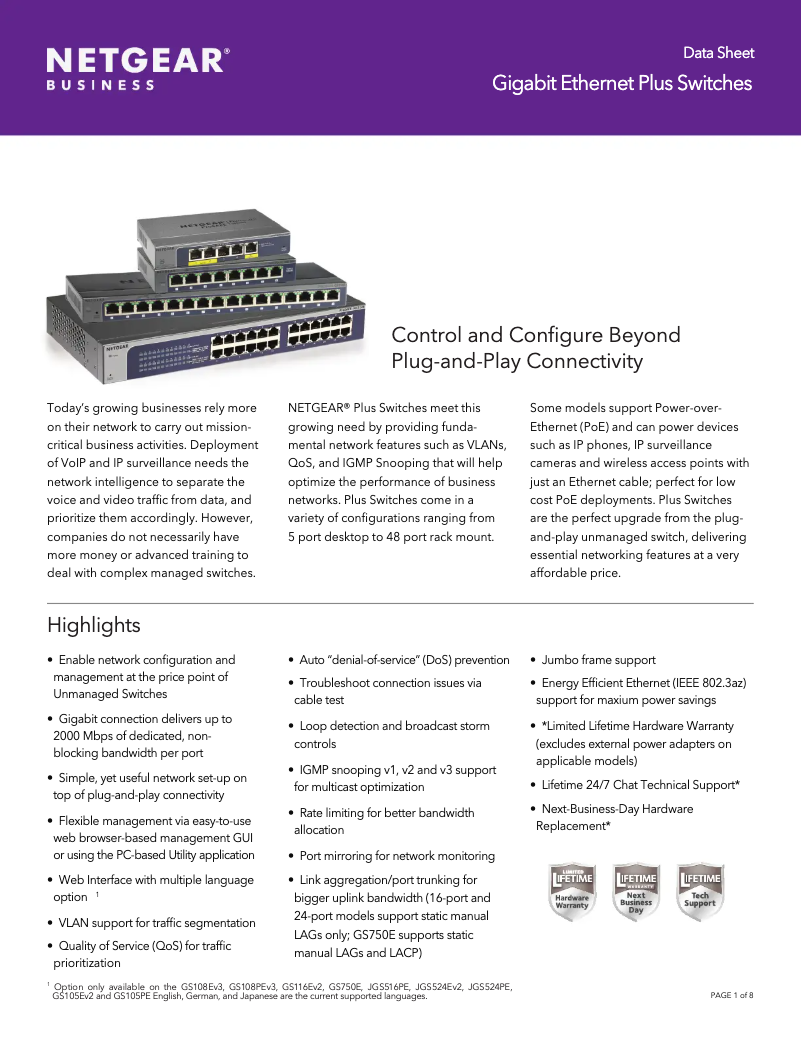 Page n°1 - Fiche technique Netgear GS750E