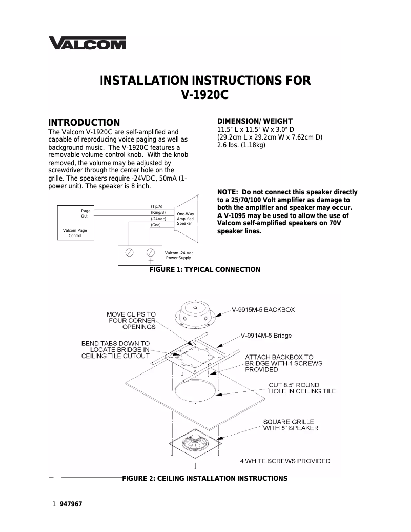 Page n°1 - Manuel utilisateur Valcom V-1920C