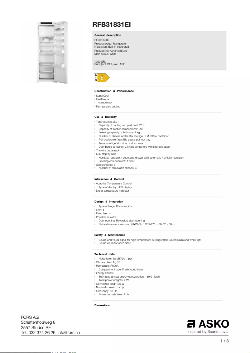 Page 1 de la notice Fiche technique Asko RFB31831EI