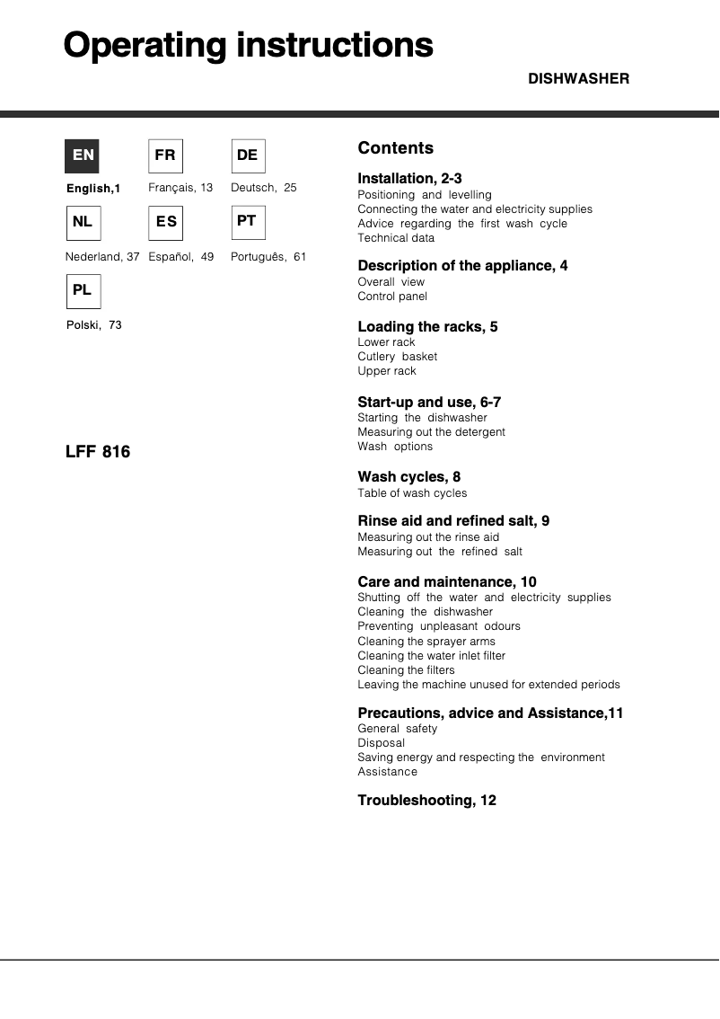 Page 1 de la notice Manuel utilisateur Hotpoint Ariston LFF 816