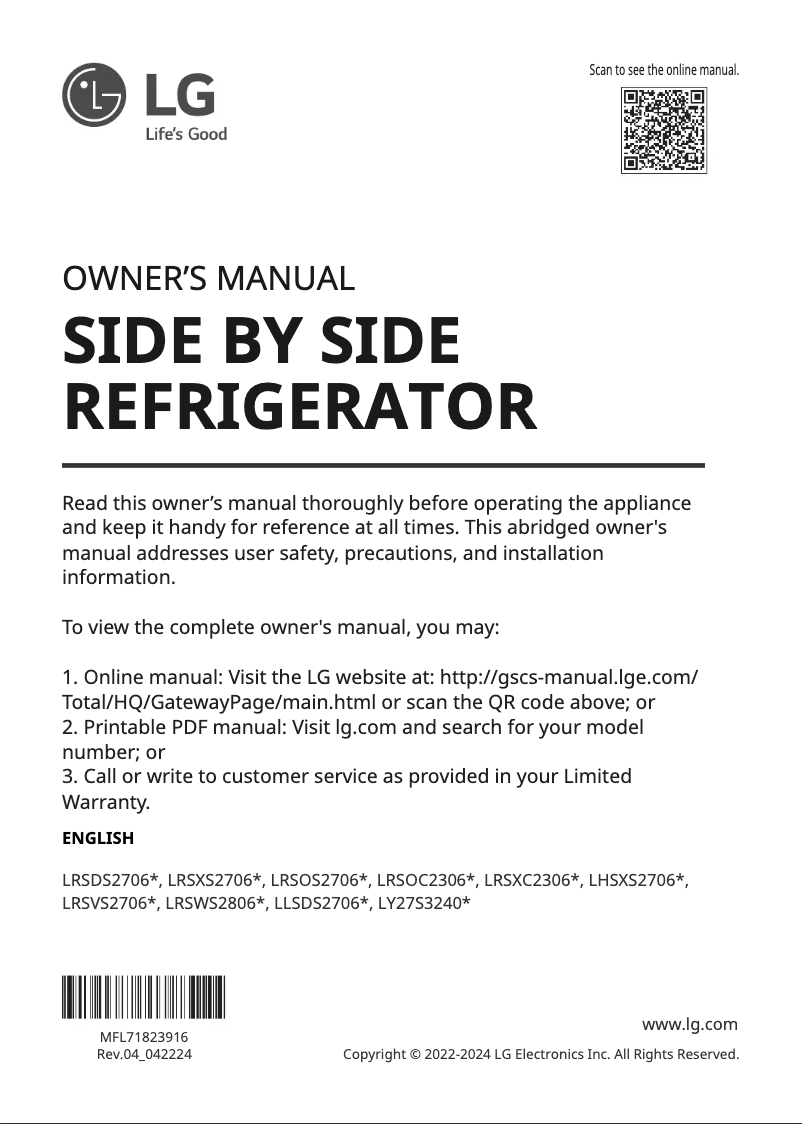 Page 1 de la notice Manuel utilisateur LG LRSOS2706S