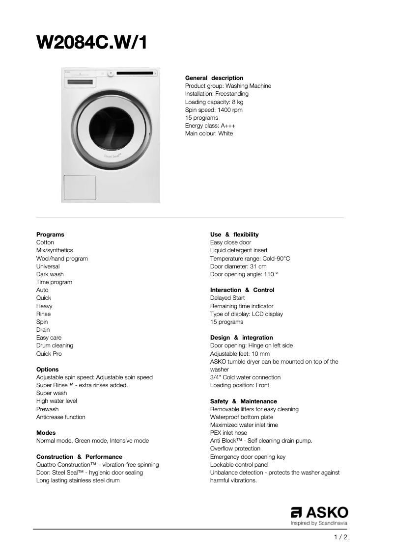 Page 1 de la notice Fiche technique Asko W2084C