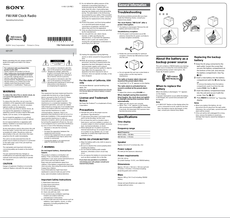 Page n°1 - Manuel d'utilisation et d'entretien Sony ICF-C1T