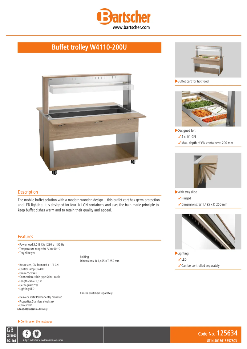 Page 1 de la notice Fiche technique Bartscher W4110-200U