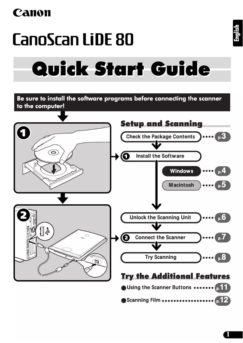 Page 1 de la notice Guide de démarrage rapide Canon CanoScan LiDE 80