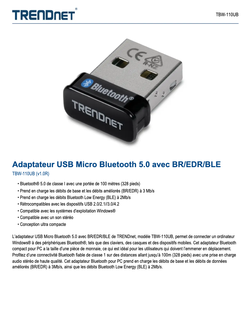 Page 1 de la notice Fiche technique TRENDnet TBW-110UB