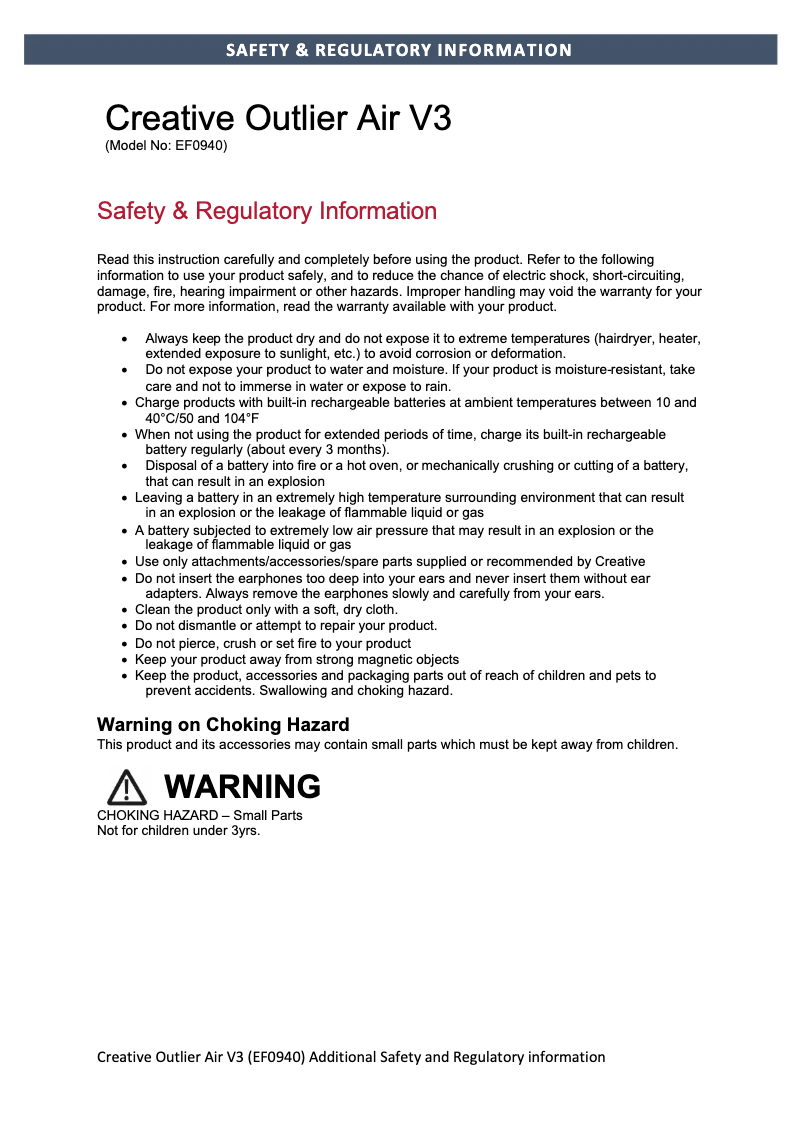 Page 1 de la notice Instructions de sécurité Creative Outlier Air V3