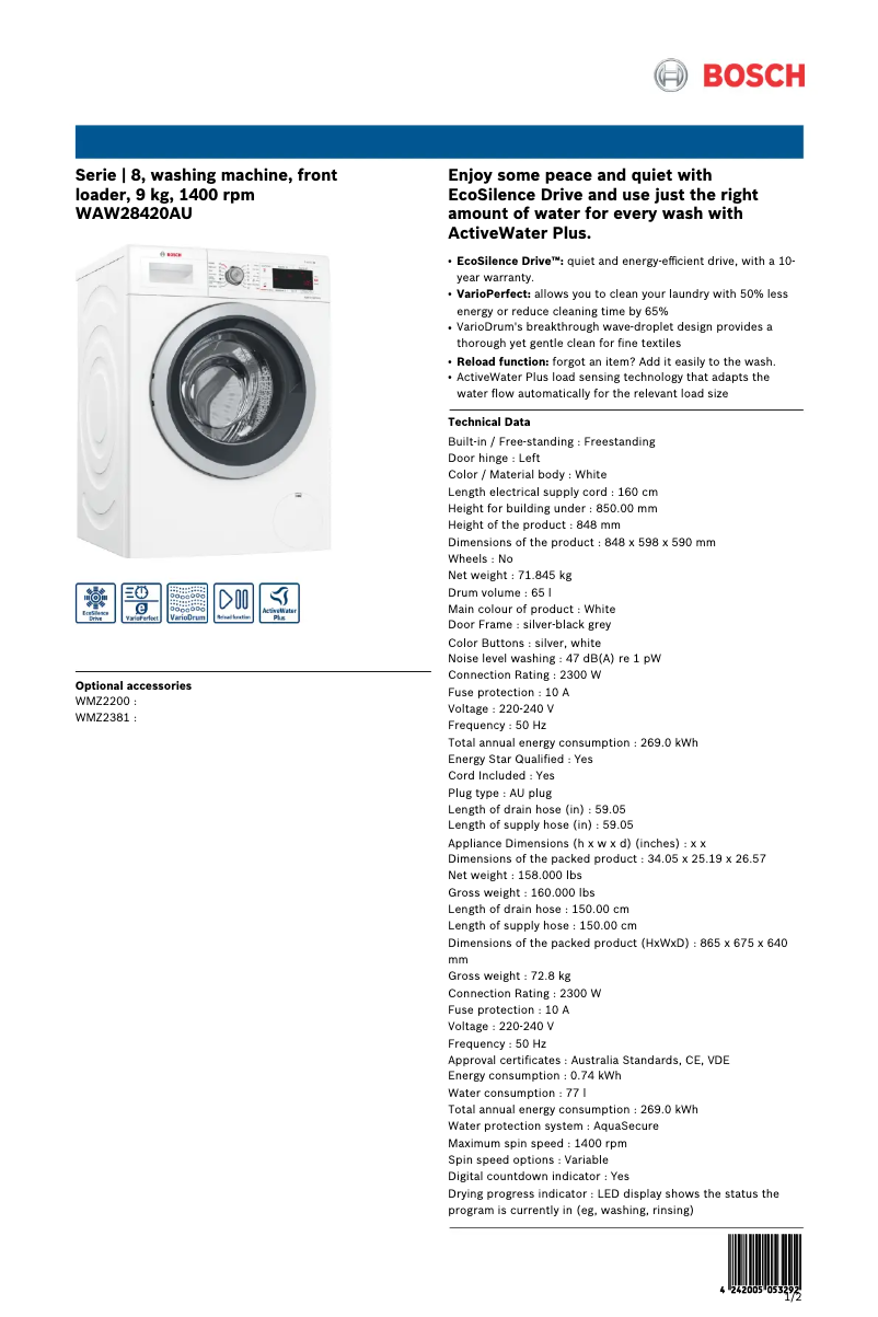 Page 1 de la notice Fiche technique Bosch WAW28420AU