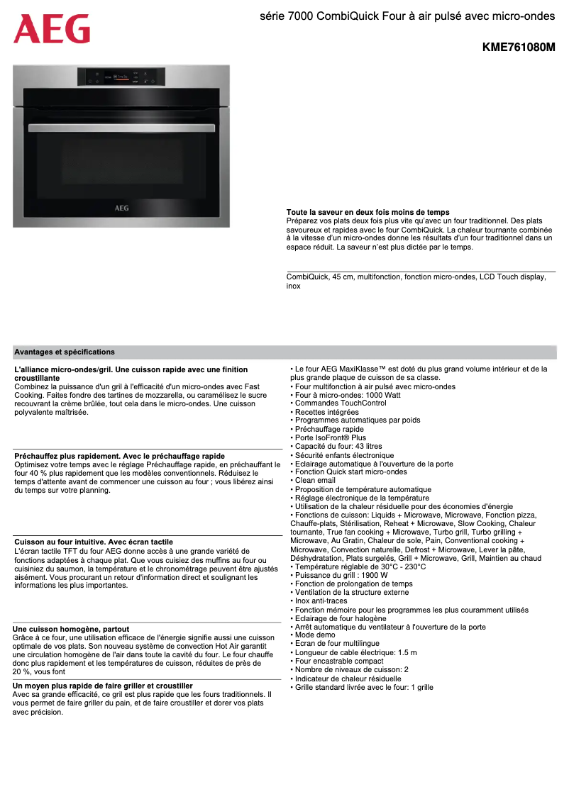 Page 1 de la notice Fiche technique AEG KME761080M