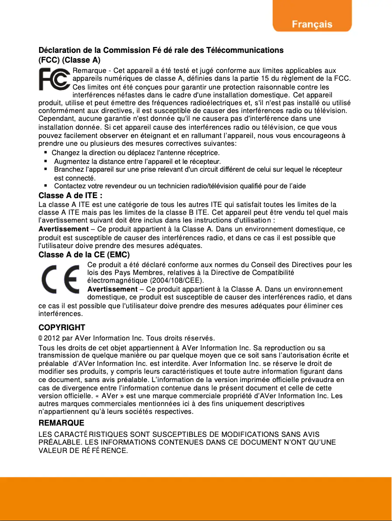 Page 1 de la notice Manuel utilisateur AVer AVerVision PL50