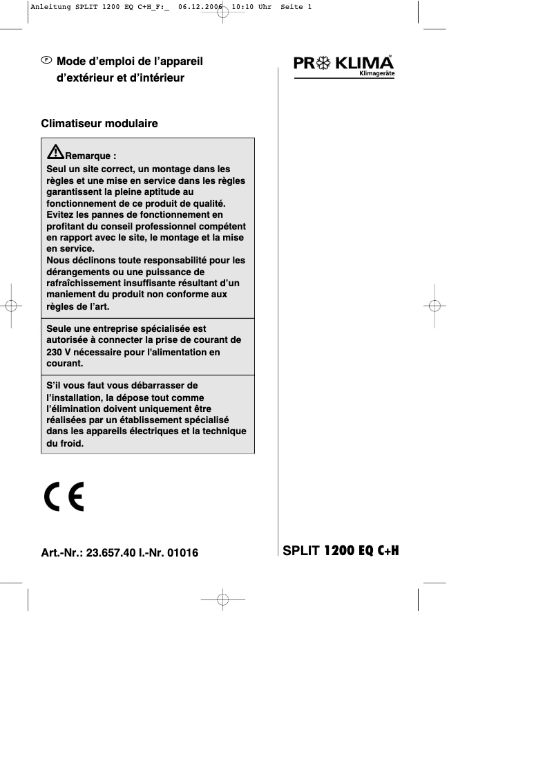 Page 1 de la notice Manuel utilisateur Proklima Split 1200 EQ C+H