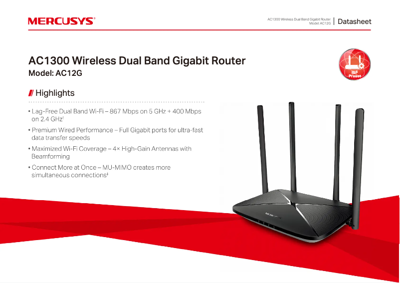 Page 1 de la notice Fiche technique Mercusys AC12G