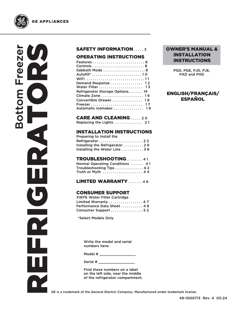 Page n°1 - Guide d'installation GE PAD28BYTFS