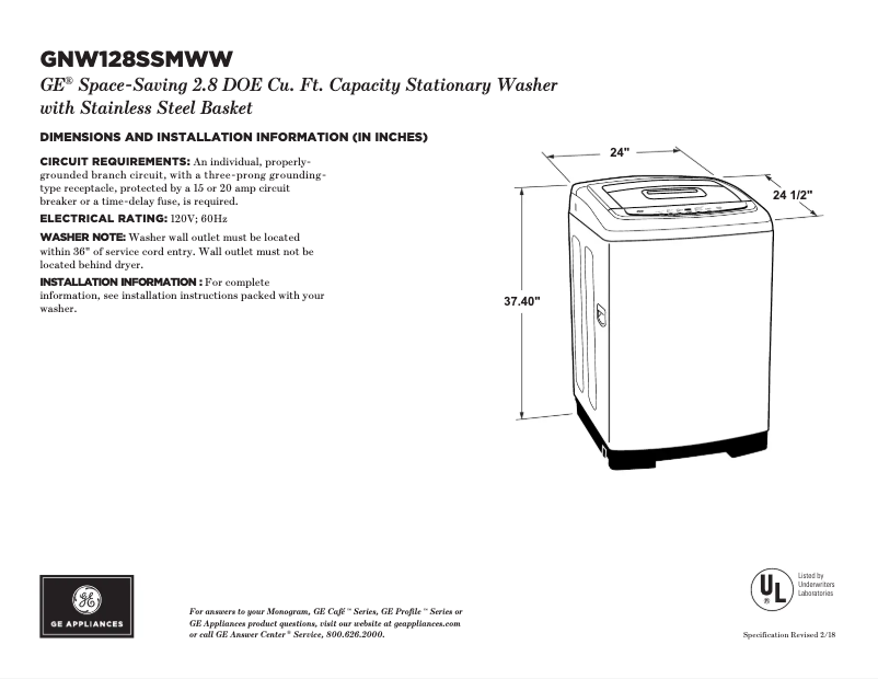Page n°1 - Fiche technique GE GNW128SSMWW
