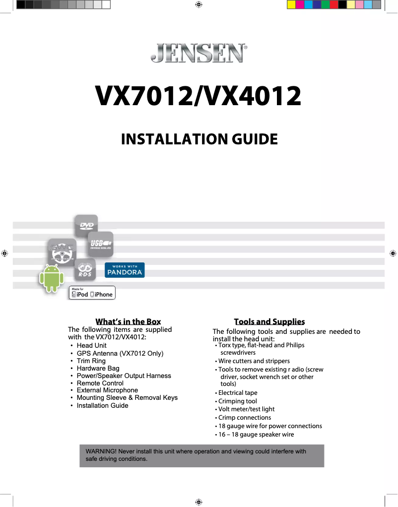 Page 1 de la notice Guide d'installation Jensen VX4012