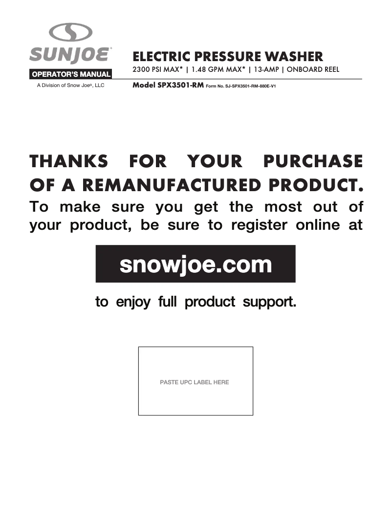 Page 1 de la notice Manuel utilisateur Sun Joe SPX3501-RM