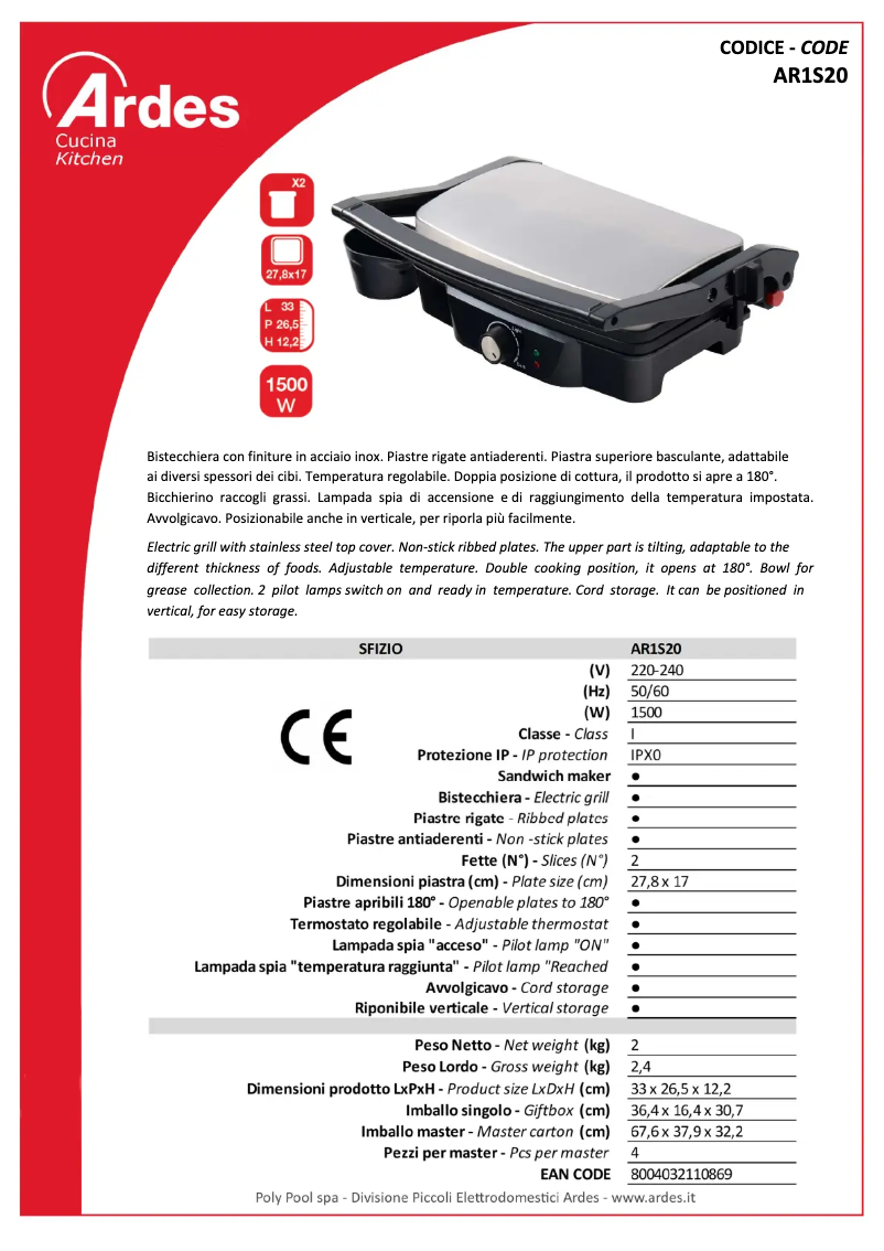 Page 1 de la notice Fiche technique Ardes AR1S20