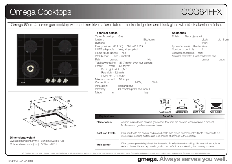 Page 1 de la notice Fiche technique Omega OCG64FFX