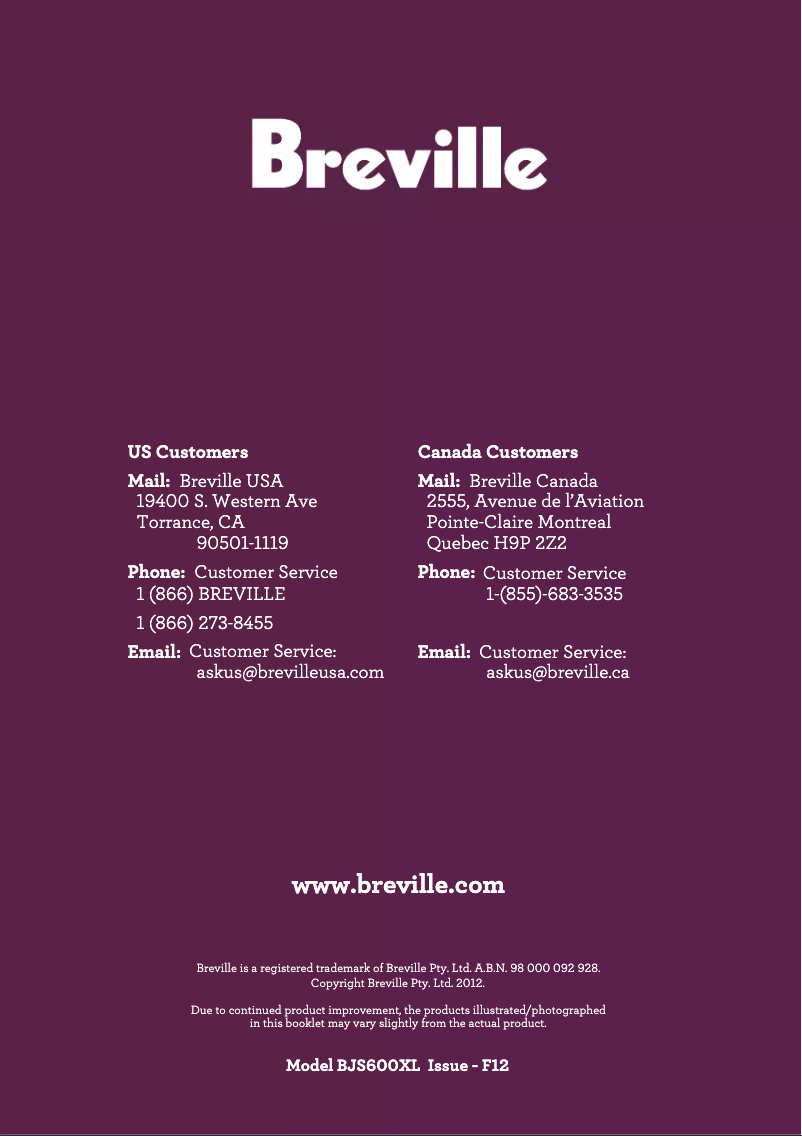 Page n°1 - Manuel utilisateur Breville the Juice Fountain Crush BJS600XL