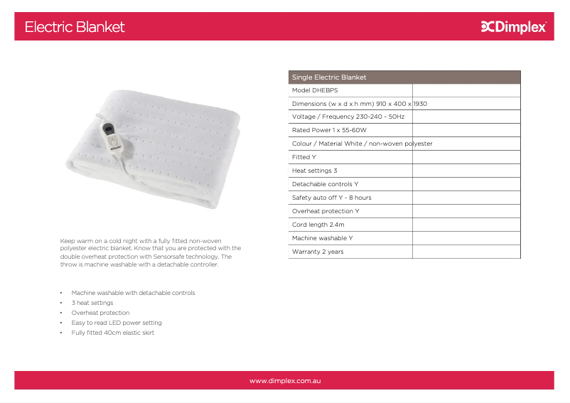 Page 1 de la notice Fiche technique Dimplex DHEBPS