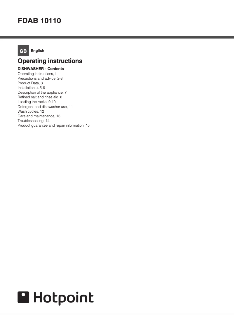 Page 1 de la notice Manuel utilisateur Hotpoint FDAB 10110 P