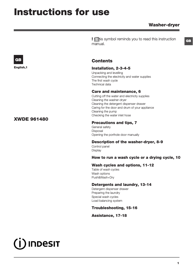 Image de la première page du manuel de l'appareil XWDE 961480X W