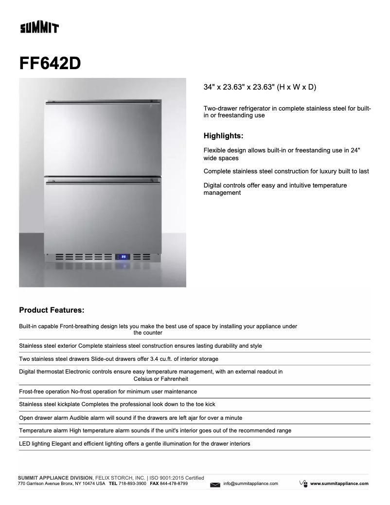 Page 1 de la notice Fiche technique Summit FF642D