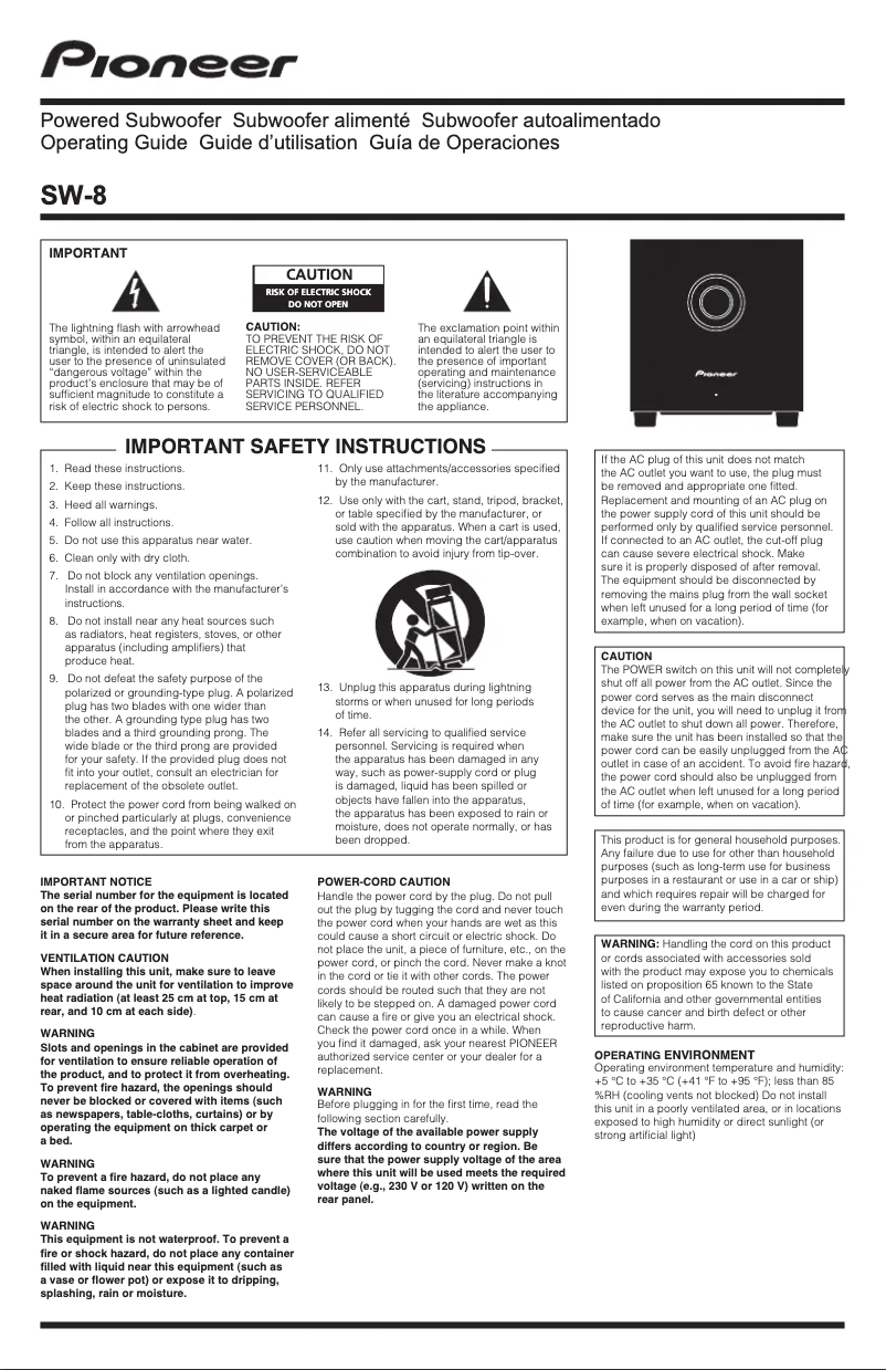 Page n°1 - Manuel utilisateur Pioneer SW-8