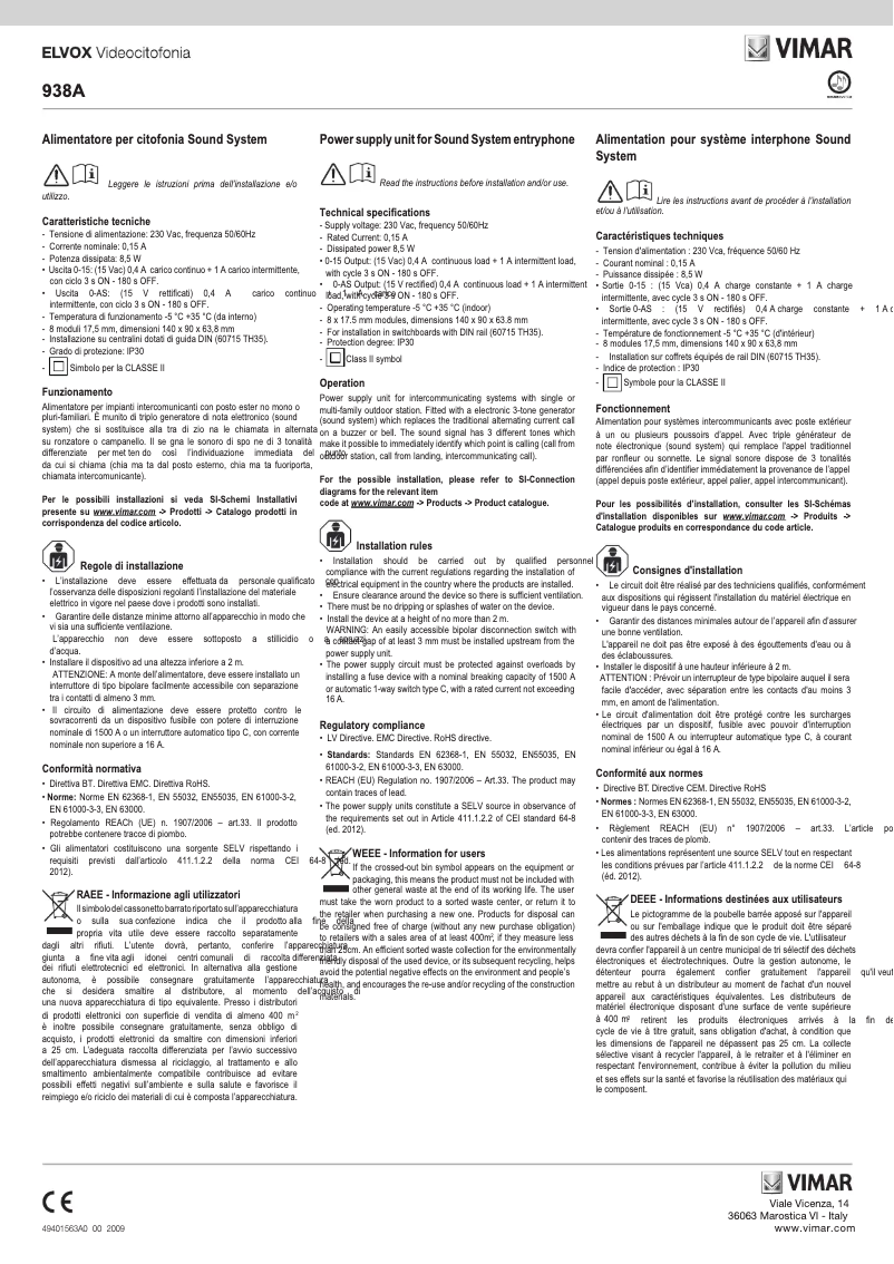 Page 1 de la notice Instructions / montage Vimar ELVOX 938A