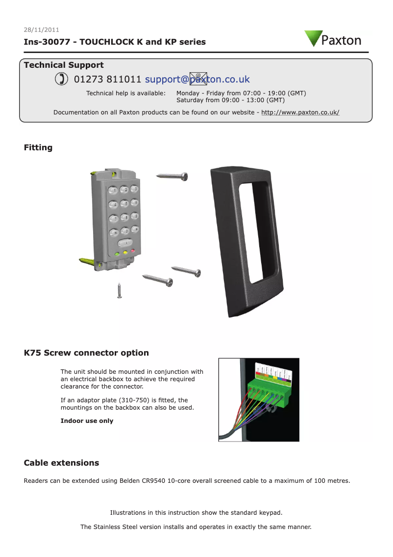 Page 1 de la notice Manuel utilisateur Paxton Touchlock K50