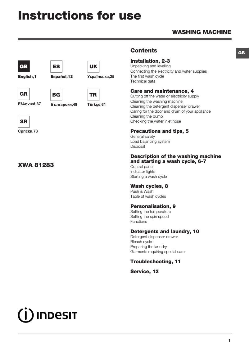 Image de la première page du manuel de l'appareil XWA 81283