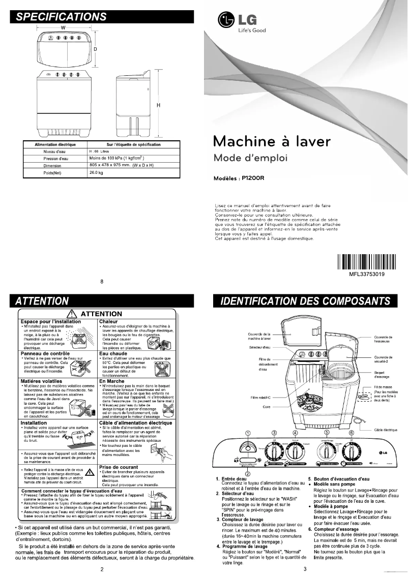 Page 1 de la notice Manuel utilisateur LG P1200R