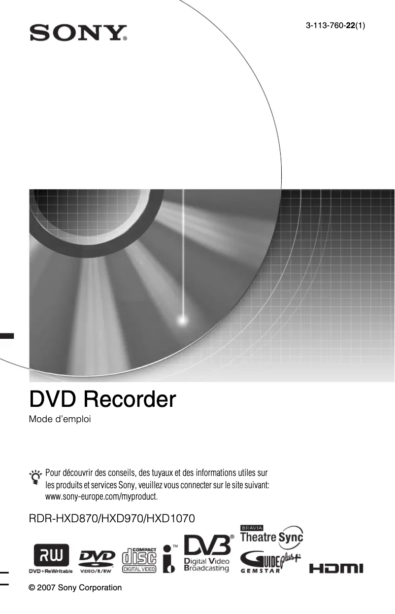 Page 1 de la notice Manuel utilisateur Sony RDR-HXD870