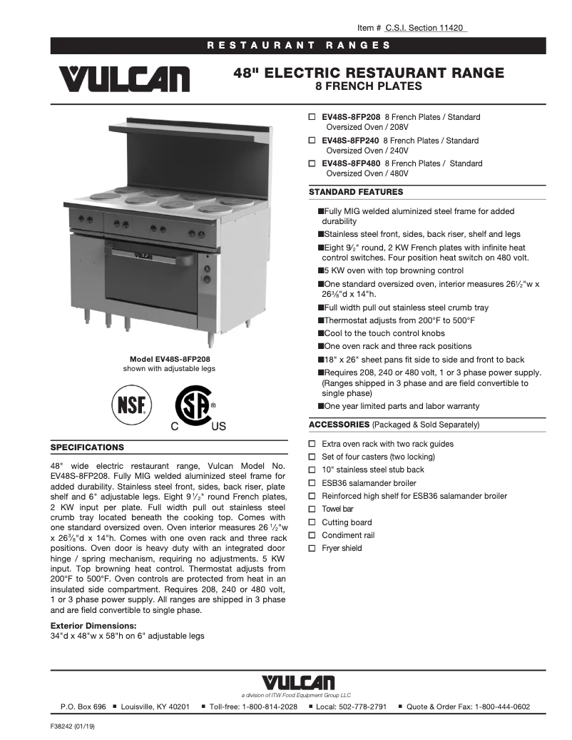 Page 1 de la notice Fiche technique Vulcan EV48S-8FP