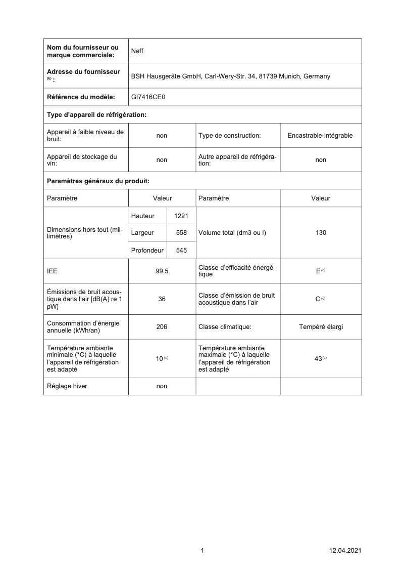 Page 1 de la notice Label énergétique Neff GI7416CE0