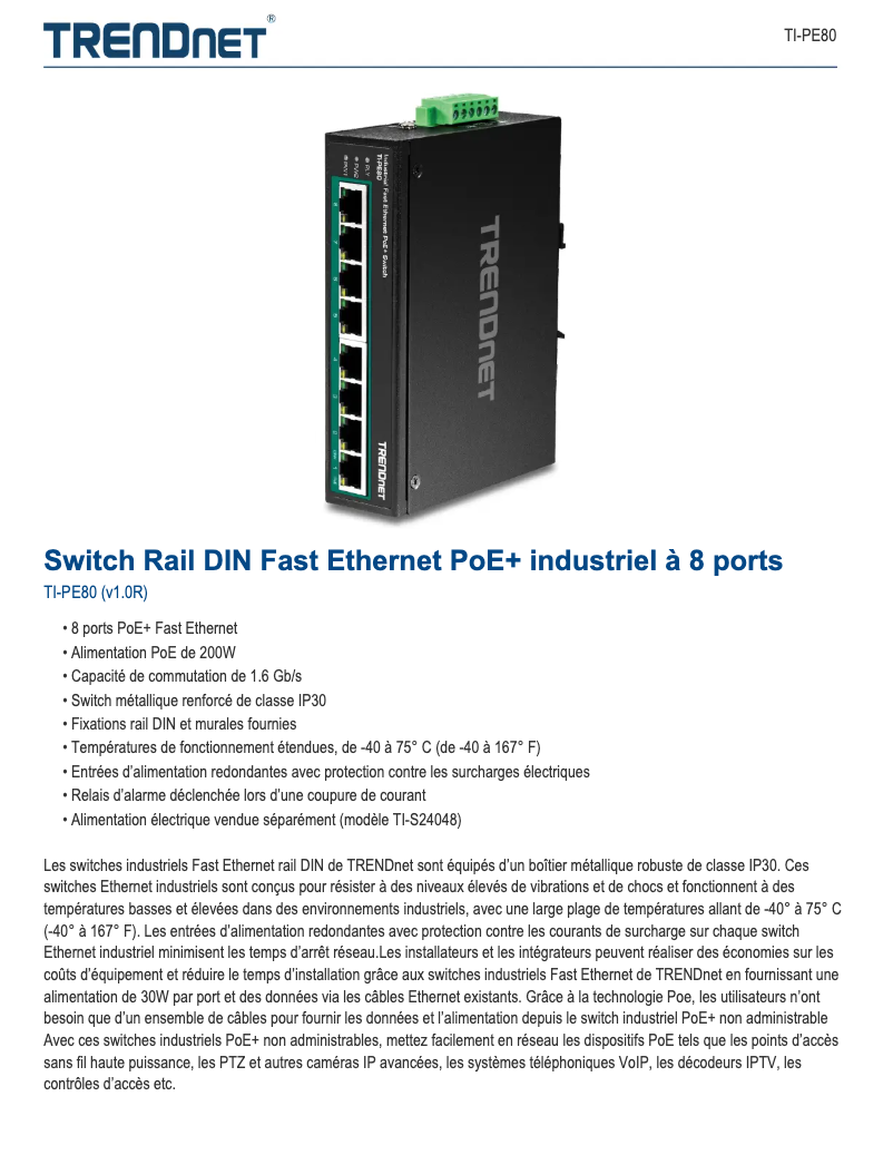 Page n°1 - Fiche technique TRENDnet TI-PE80