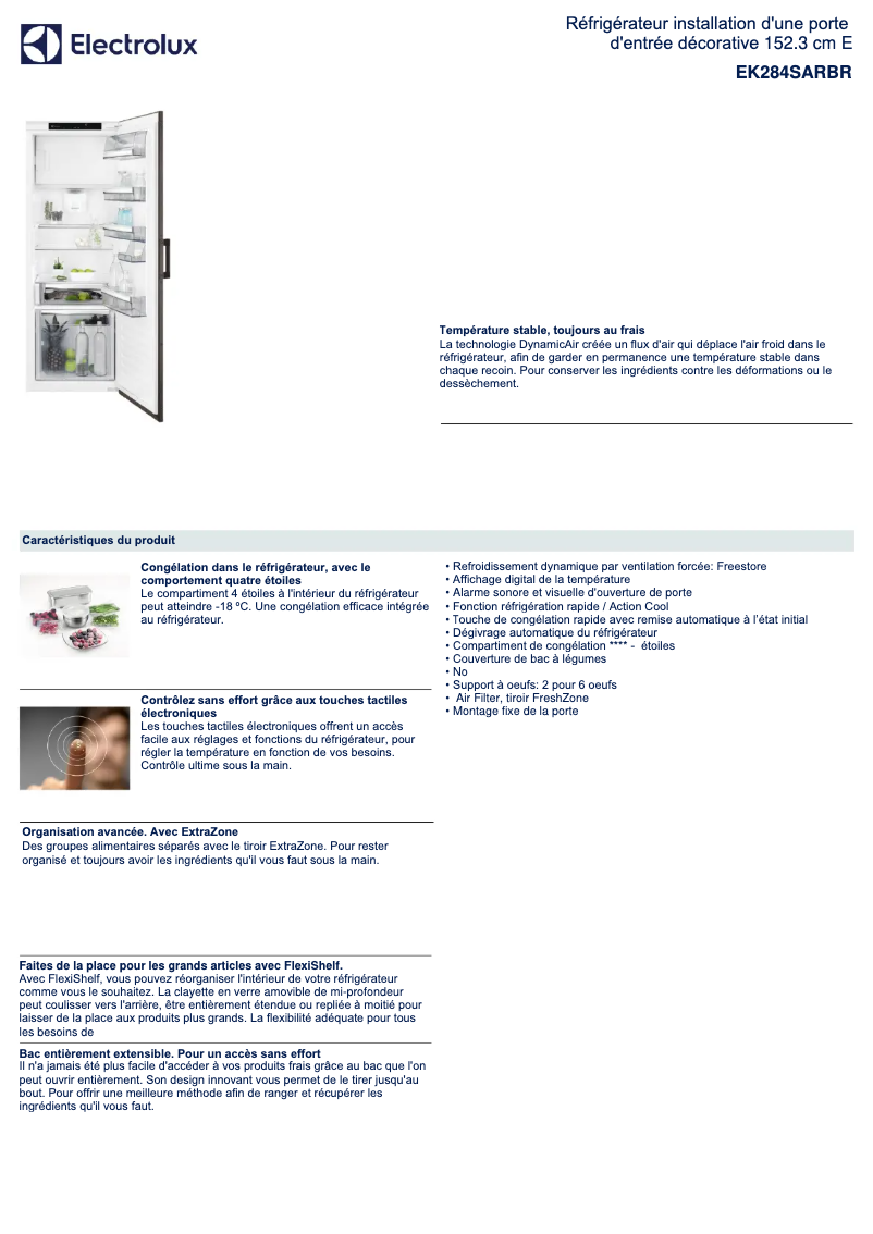 Page 1 de la notice Fiche technique Electrolux EK284SARBR