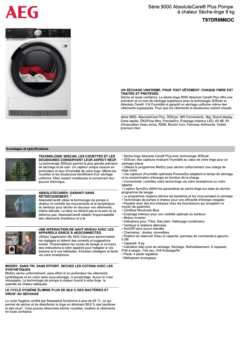 Page 1 de la notice Fiche technique AEG T97DR9M6OC