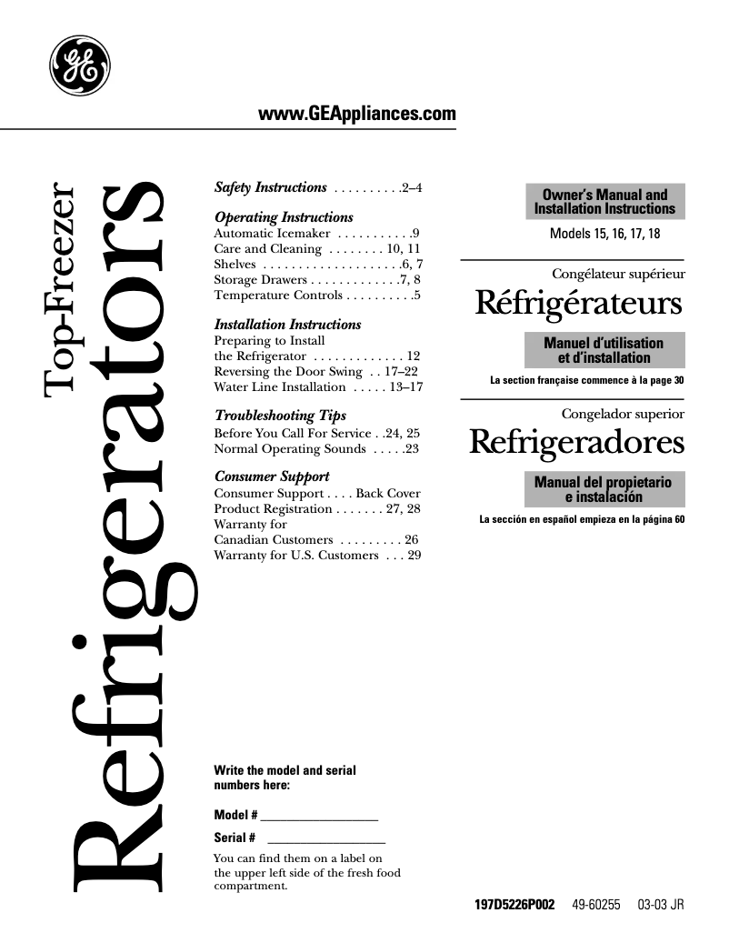 Page 1 de la notice Manuel d'utilisation et d'entretien GE GTS18ABMWW
