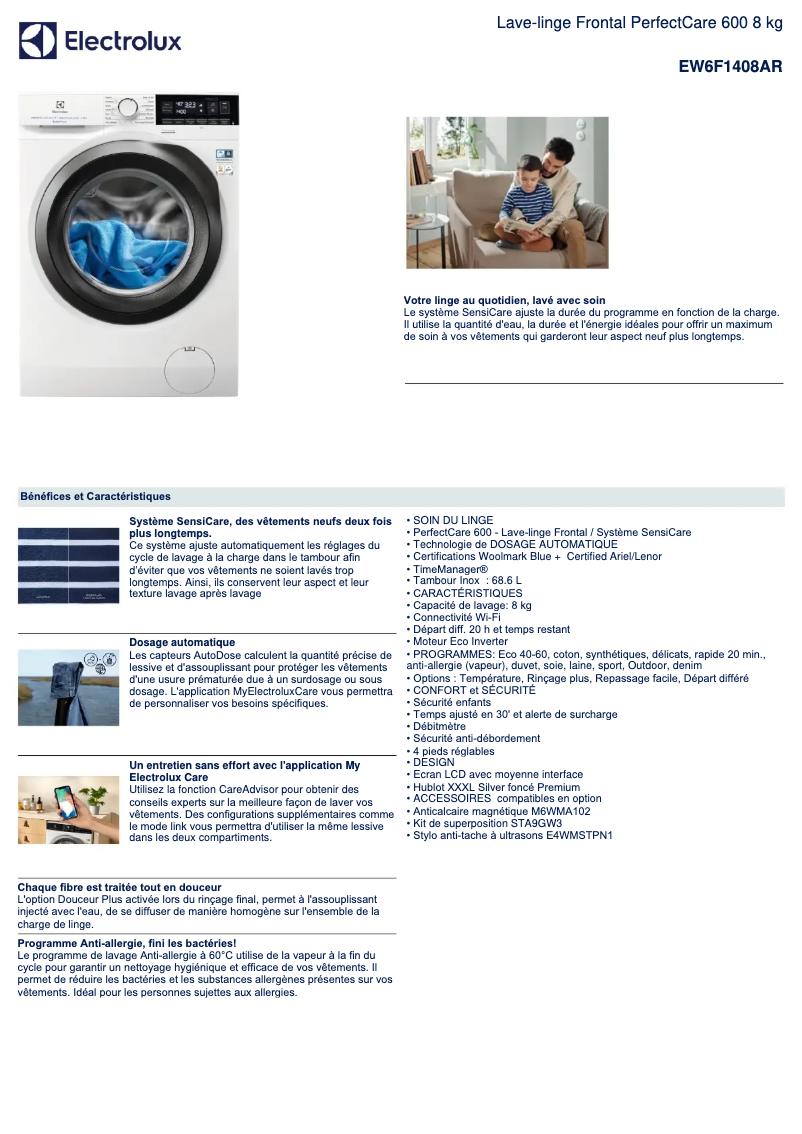 Page 1 de la notice Fiche technique Electrolux EW6F1408AR