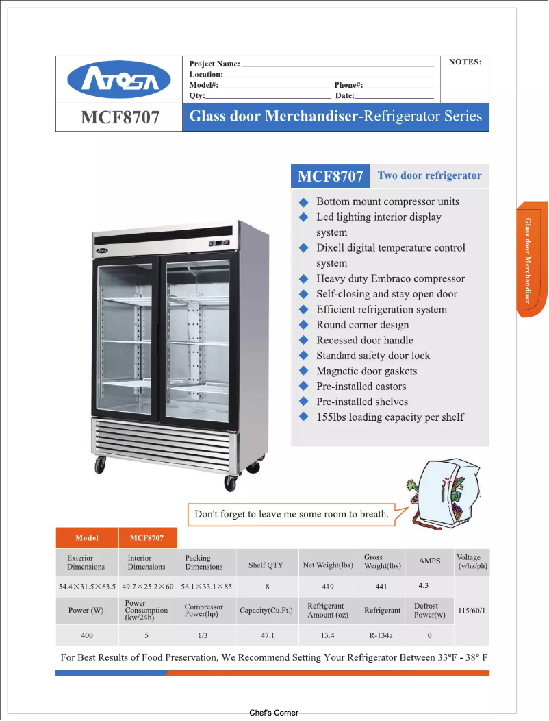 Page 1 de la notice Manuel d'utilisation et d'entretien Atosa Commercial MCF8707