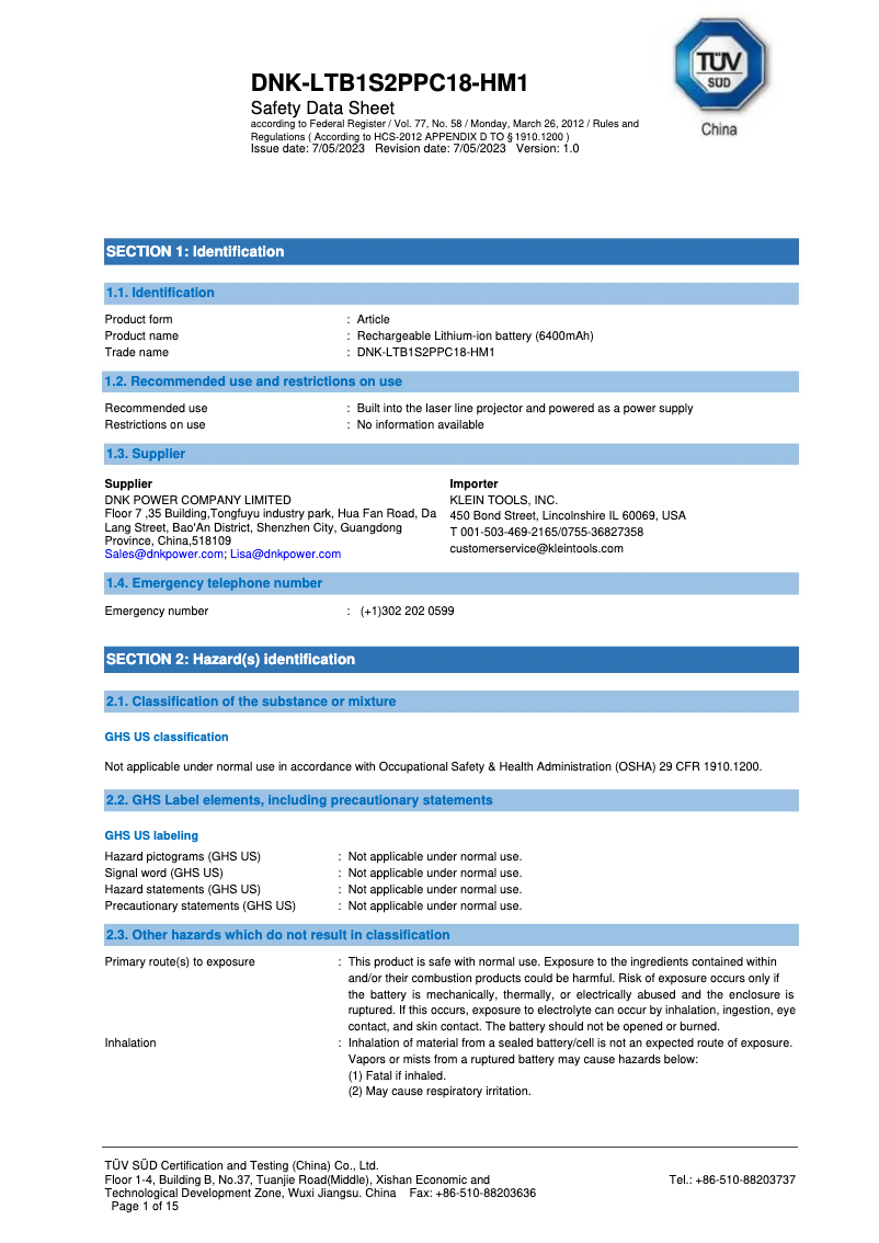 Página 1 del manual Ficha técnica Klein Tools 93LCLGR